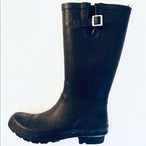 BP black leather rain boots with white stripe